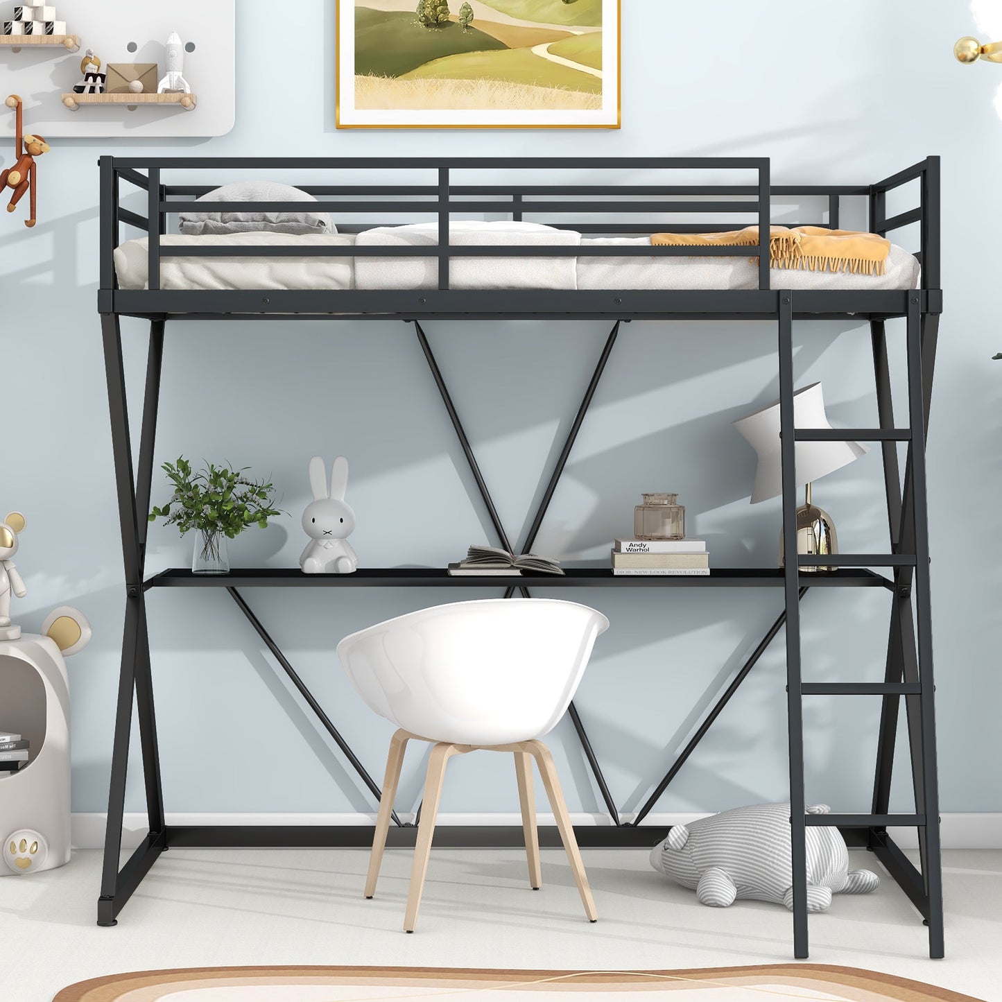 Premium Twin Size Loft Bed with Desk and Guardrails - Black