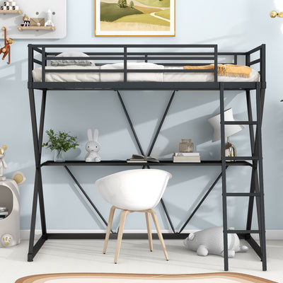 Premium Twin Size Loft Bed with Desk and Guardrails - Black