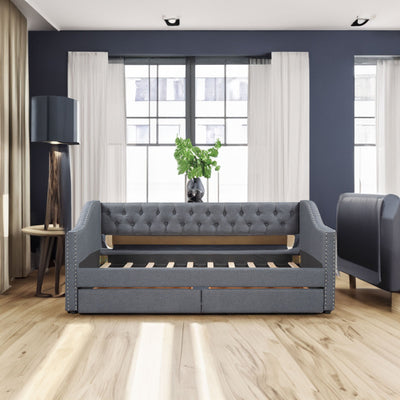 Upholstered Twin Size Daybed with Two Drawers - Gray