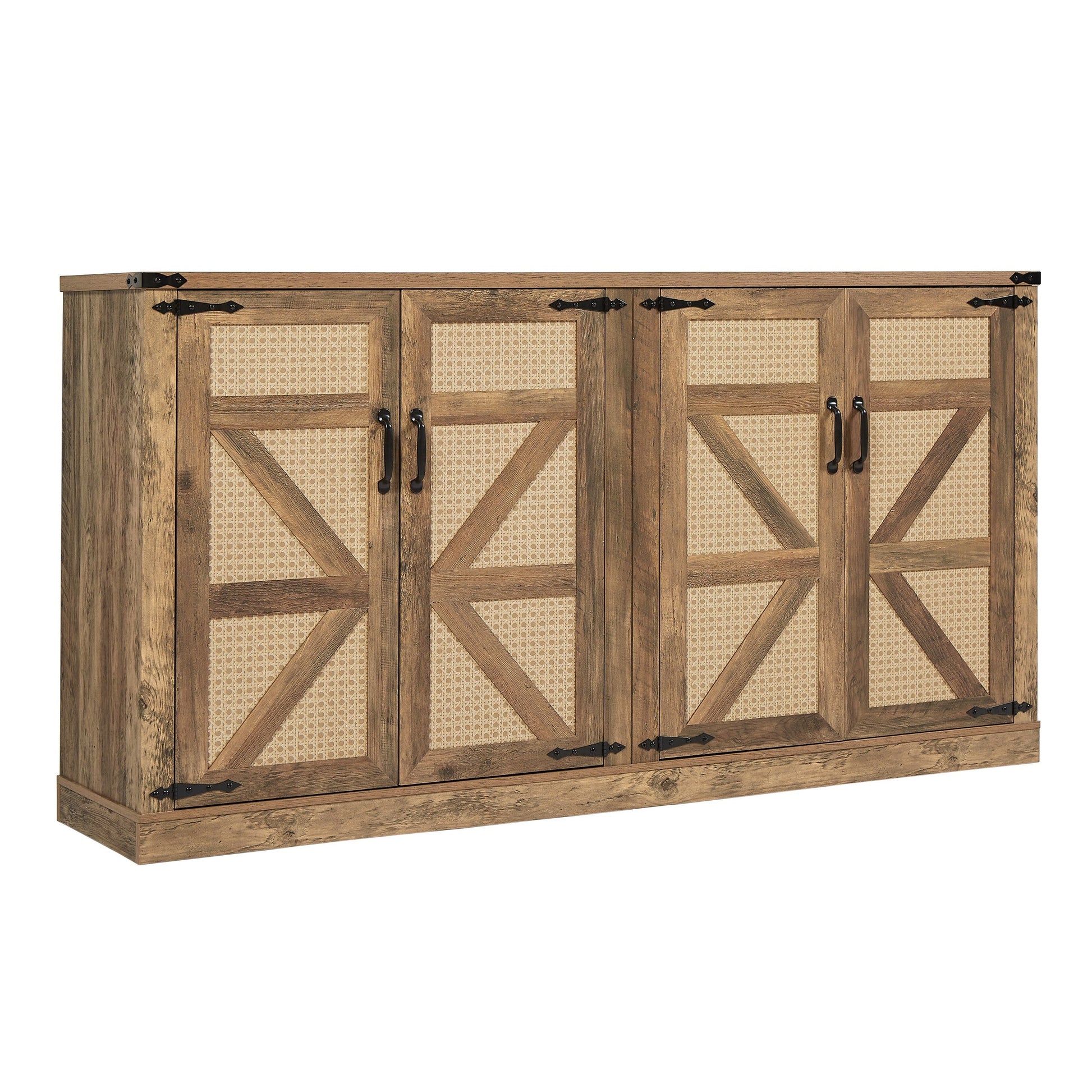 65-Inch Rustic Oak Color Faux Rattan Sideboard, Barn Door Rustic Style Sideboard, Living Room, Entryway, Bedroom - Korvel