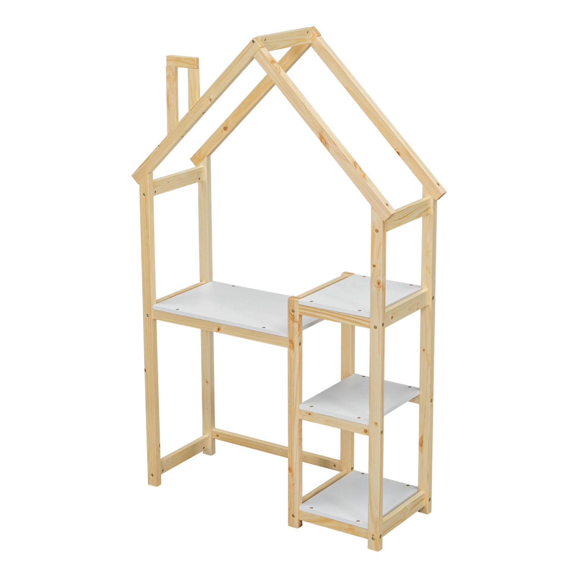 House-shaped Wooden writing Desk Kids study Table Bookshelf & Toy Storage Natural - Korvel