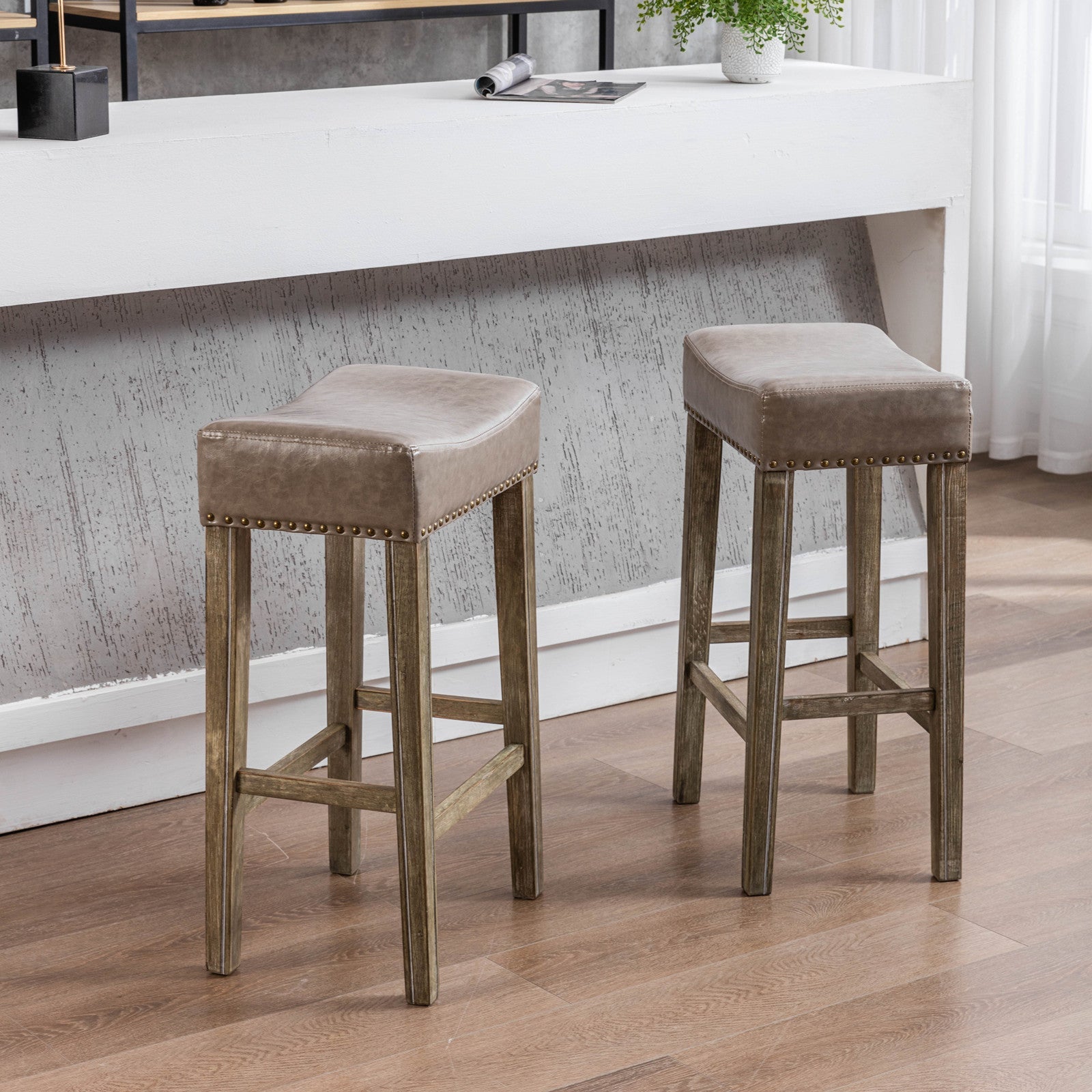 Counter Height 29" Bar Stools for Kitchen Counter Backless Faux Leather Stools Farmhouse Island Chairs (29 Inch Gray Set of 2) - Korvel