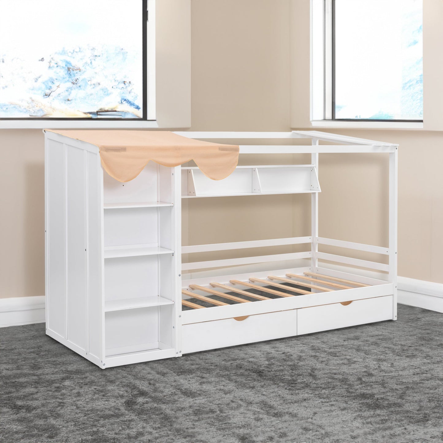 Twin Size House Bed with Two Drawers and Wardrobe - White