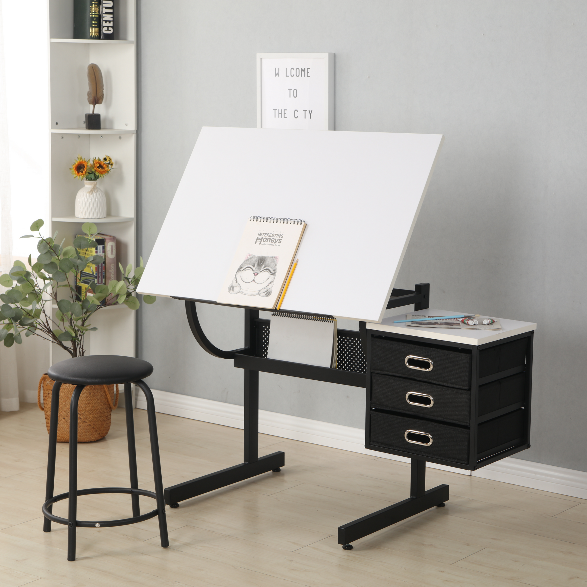 White adjustable drafting drawing table with stool and 3 drawers - Korvel