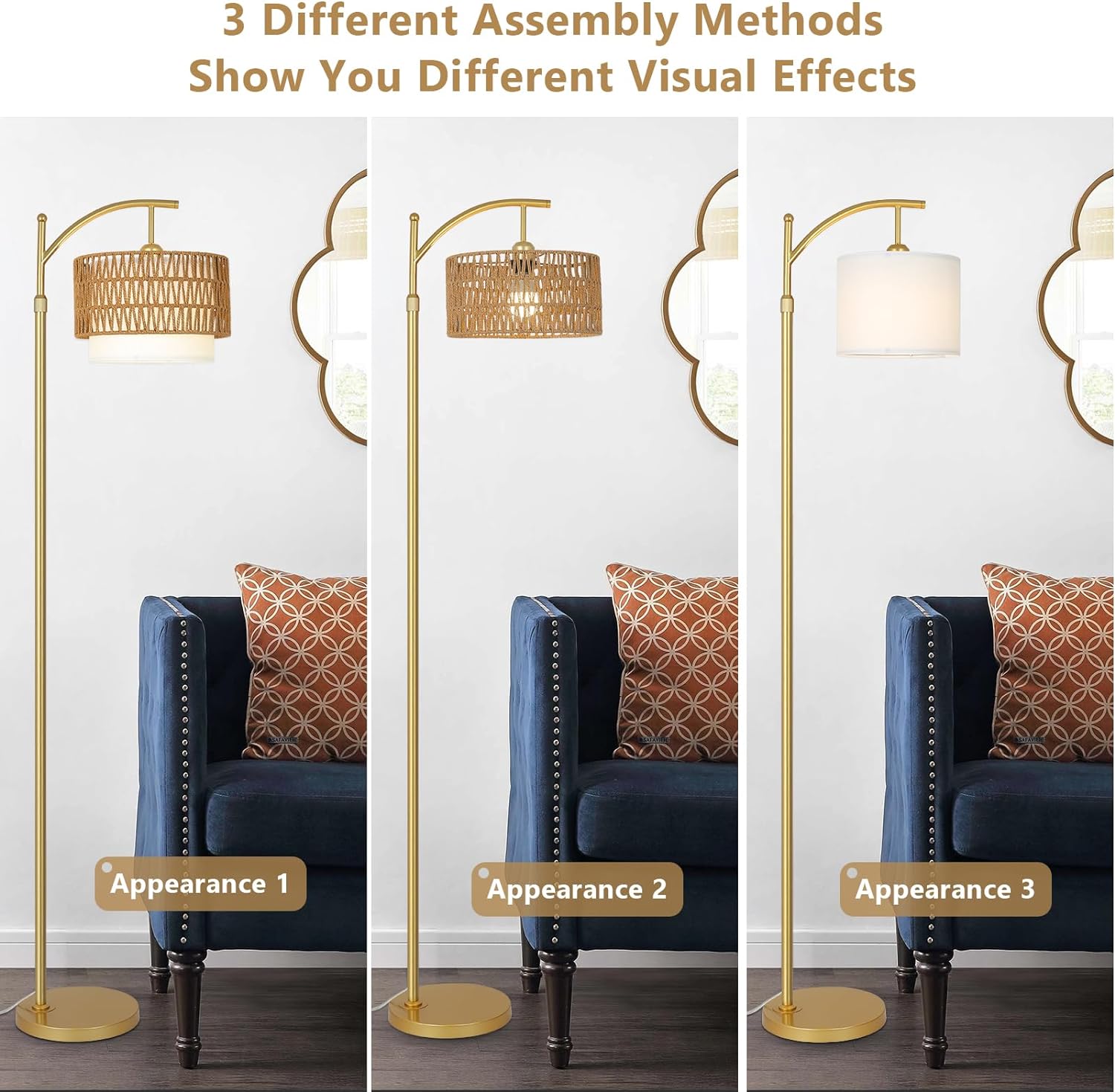 Gold Floor Lamps for Living Room with Remote & Dimmable LED Bulb, Modern Arc Floor Lamp with 3 Color Temperatures - Korvel