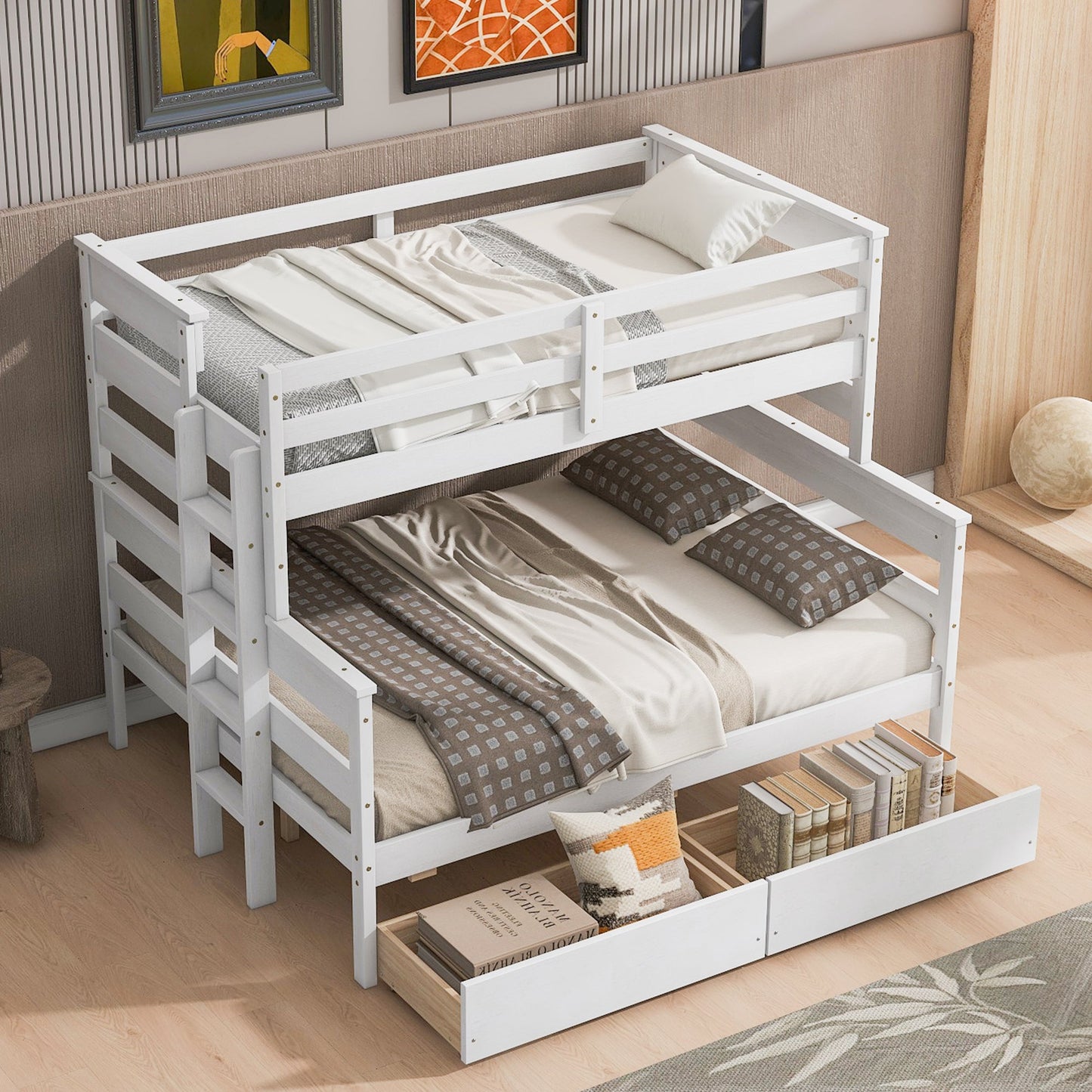 Wood Twin over Full Bunk Bed with 2 Drawers  White - Korvel