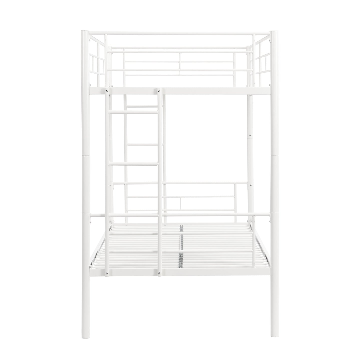 Twin metal bunk beds, metal structure bed frame with safety guardrails and 2 ladders, convertible bunk beds, white - Korvel