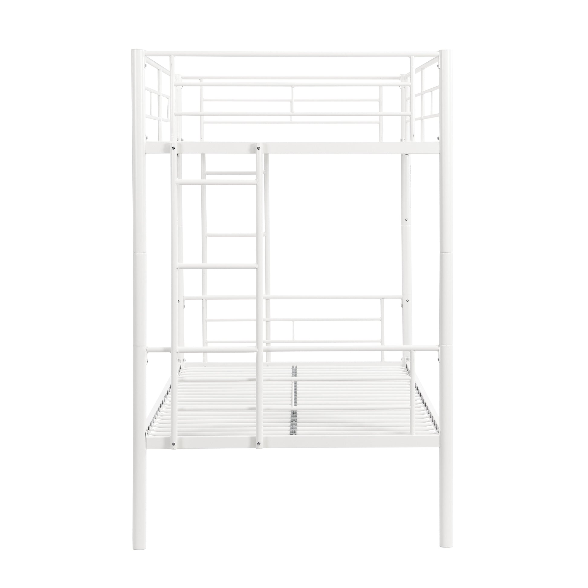 Twin metal bunk beds, metal structure bed frame with safety guardrails and 2 ladders, convertible bunk beds, white - Korvel