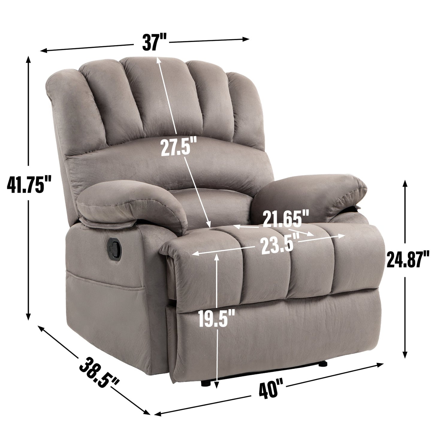 Large Manual Recliner Chair in Fabric for Living Room, Grey - Korvel