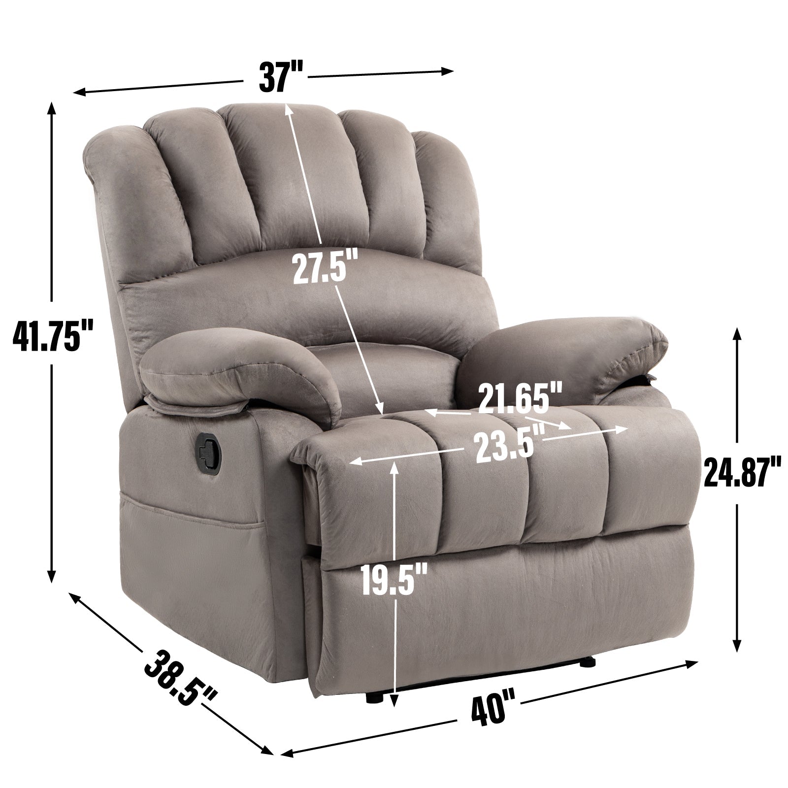 Large Manual Recliner Chair in Fabric for Living Room, Grey - Korvel