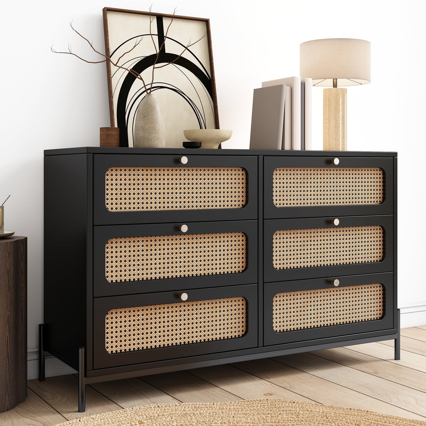 Commode moderne en bois de vignes de chanvre à 6 tiroirs en noir