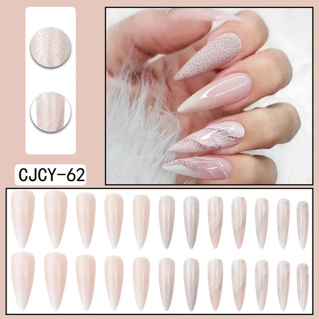 24 unghie finte in ABS con motivo a spillo lungo 1 gel di gelatina 1 lima per unghie a colori casuali per l'uso quotidiano - Korvel