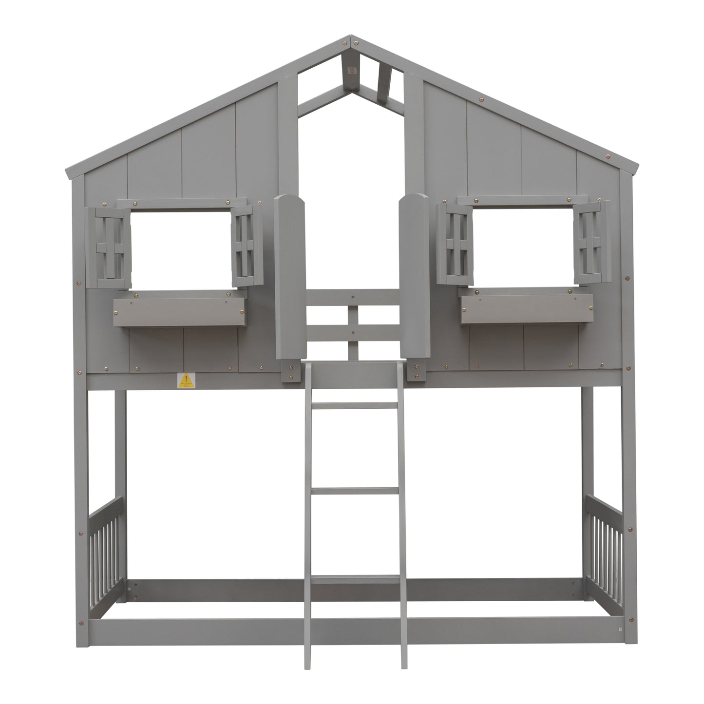 Twin over Twin House Bunk Bed with Roof , Window, Window Box, Door , with Safety Guardrails and Ladder, Grey - Korvel