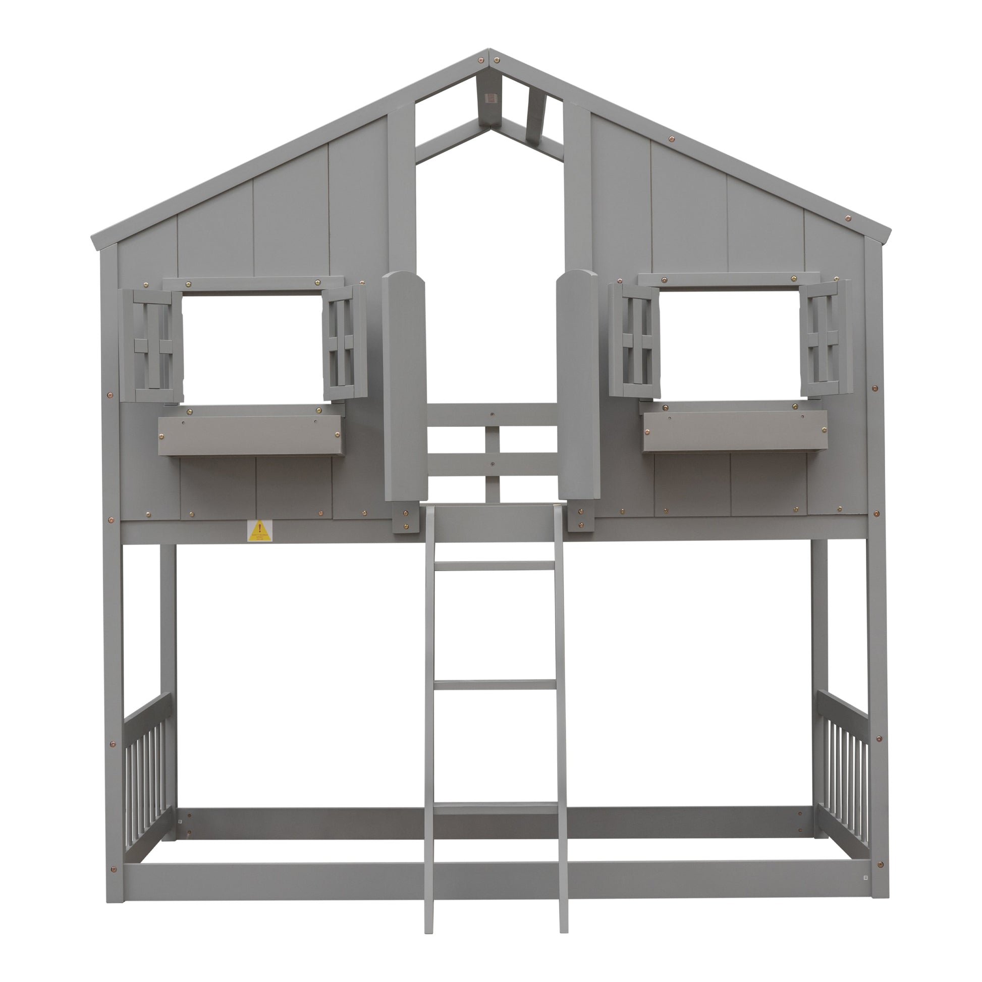 Twin over Twin House Bunk Bed with Roof , Window, Window Box, Door , with Safety Guardrails and Ladder, Grey - Korvel