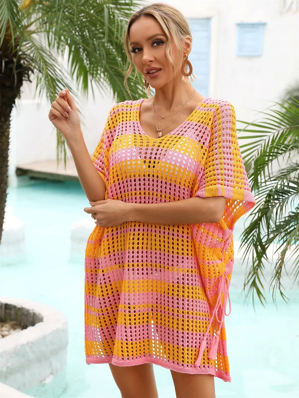 Tassel Openwork Striped V-Neck Cover Up - Korvel
