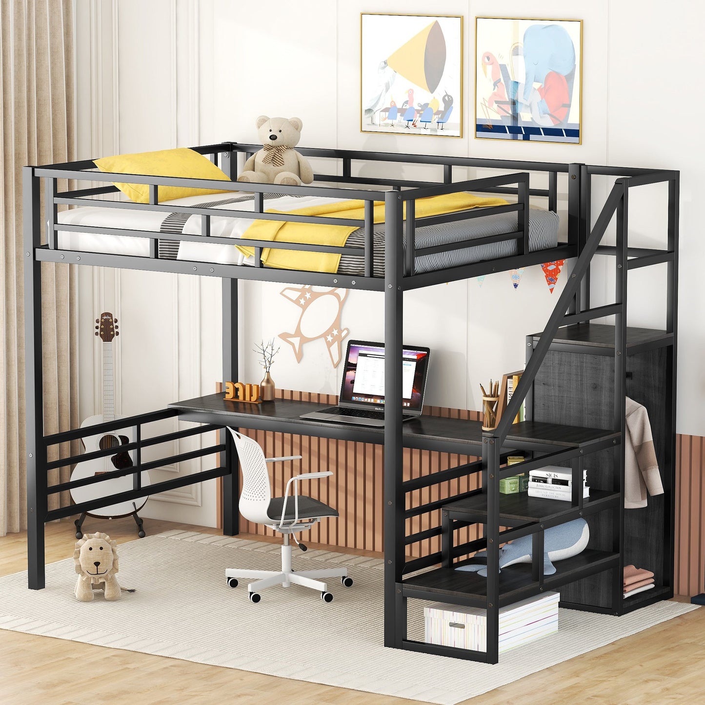 Cama loft de metal de tamaño completo con escritorio y opciones de almacenamiento