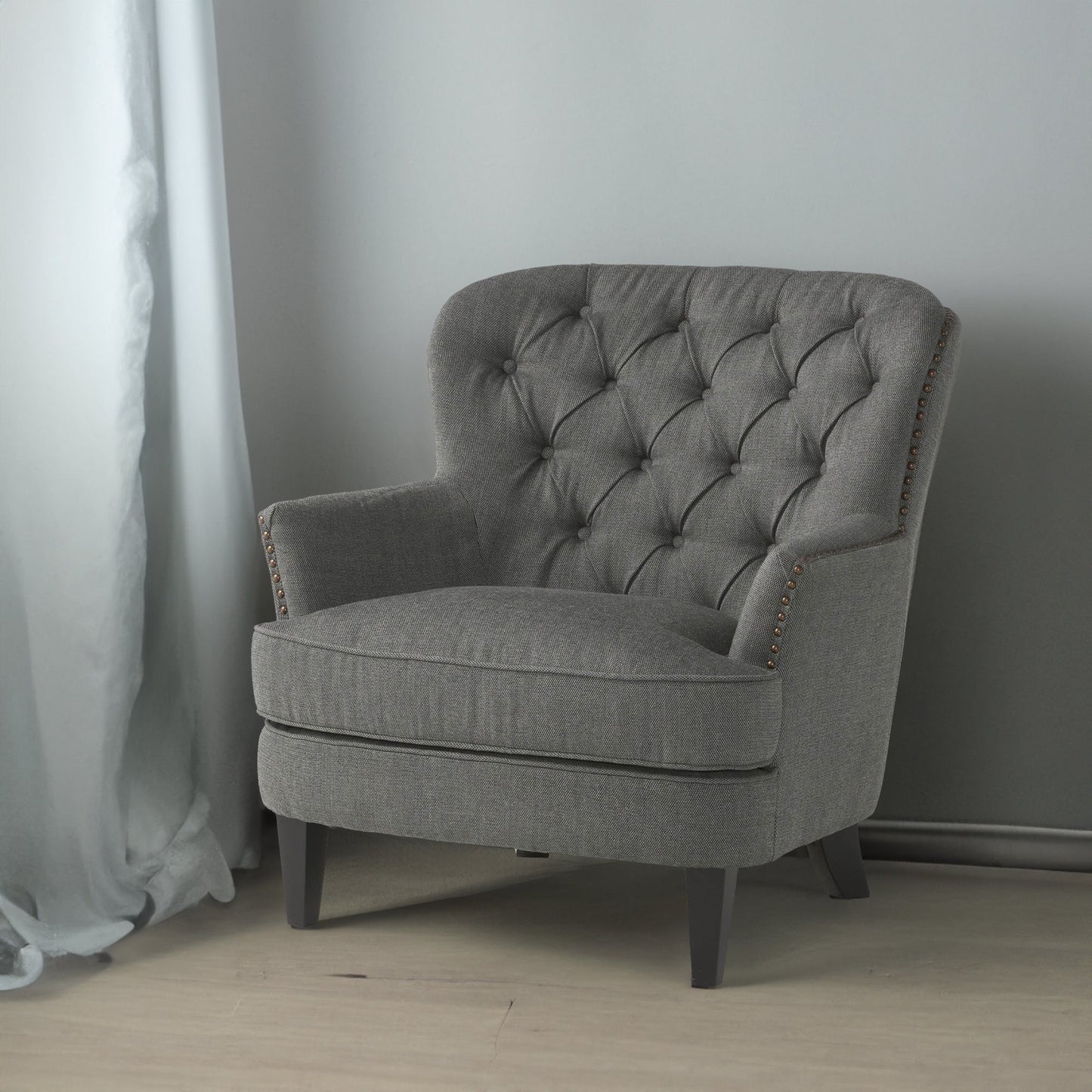 Modern grey fabric club chair and Ottoman set, stylish cushioned armchair, paired with Ottoman style - Korvel