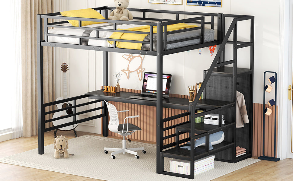 Cama loft de metal de tamaño completo con escritorio y opciones de almacenamiento