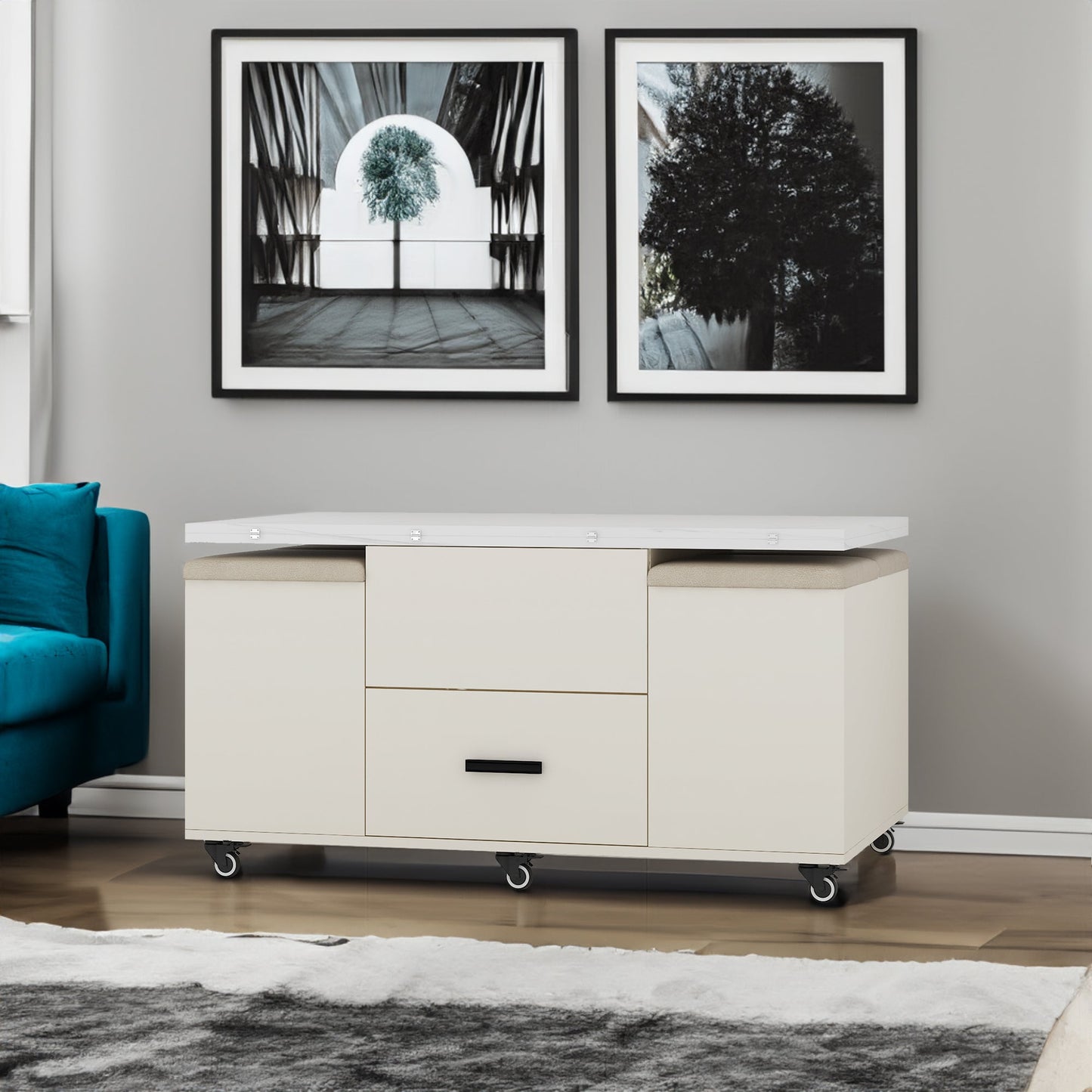 Modern Lift-Up Coffee Table with Storage and Stools