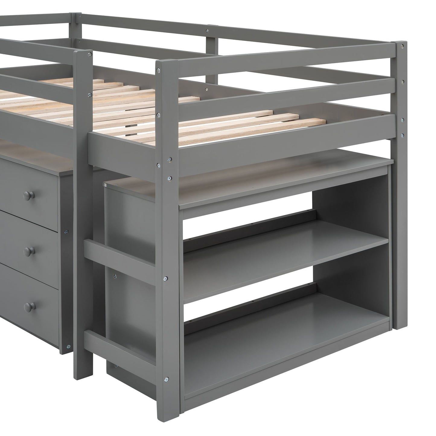 Low Study Twin Loft Bed with Cabinet and Rolling Portable Desk - Gray (OLD SKU :LP000113AAE) - Korvel
