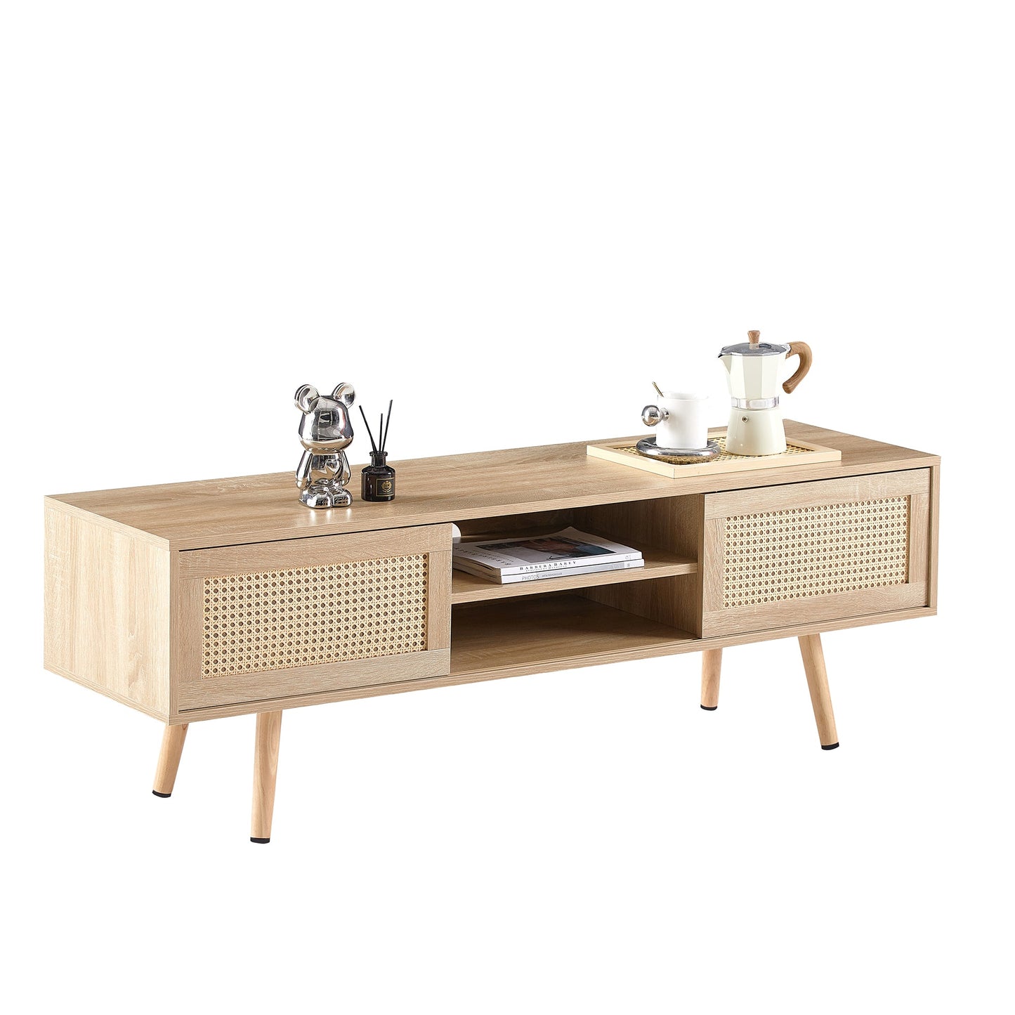 55.12" Rattan TV cabinet double sliding doors for storage adjustable shelf solid wood legs TV console for living room natural - Korvel