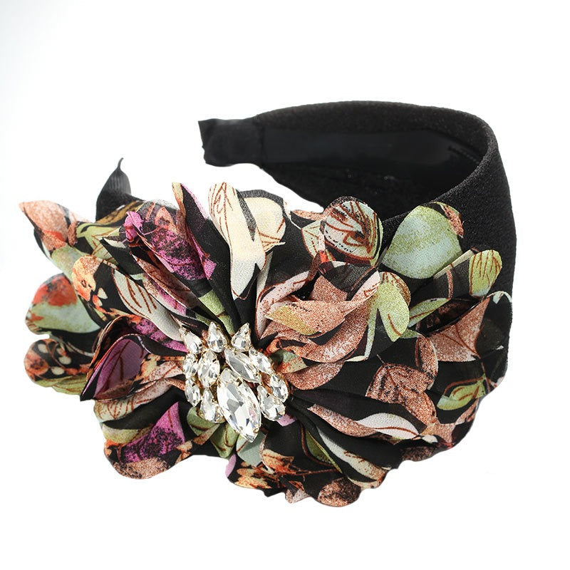 Diamond inlaid fabric flower toothed anti slip exaggerated headband - Korvel