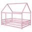 Full Size Floor Wooden Bed with House Roof Frame, Fence Guardrails ,Pink - Korvel