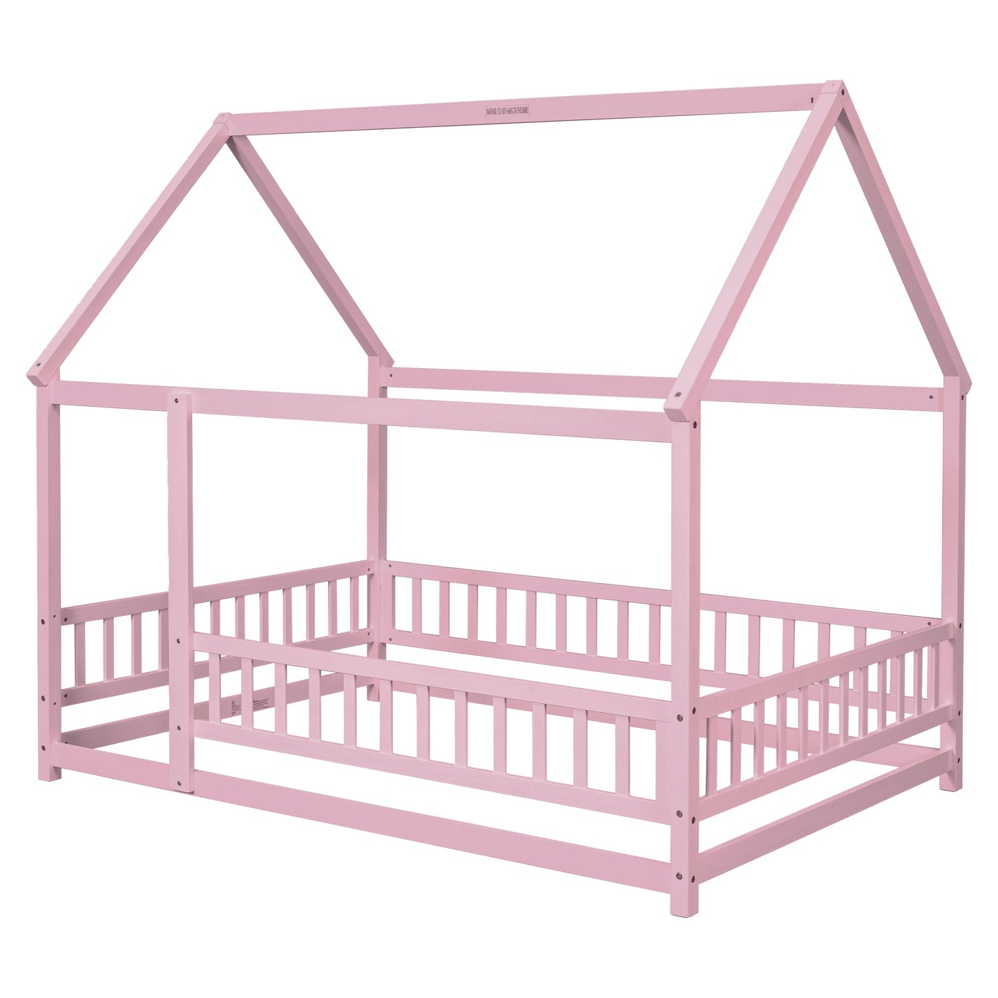 Full Size Floor Wooden Bed with House Roof Frame, Fence Guardrails ,Pink - Korvel