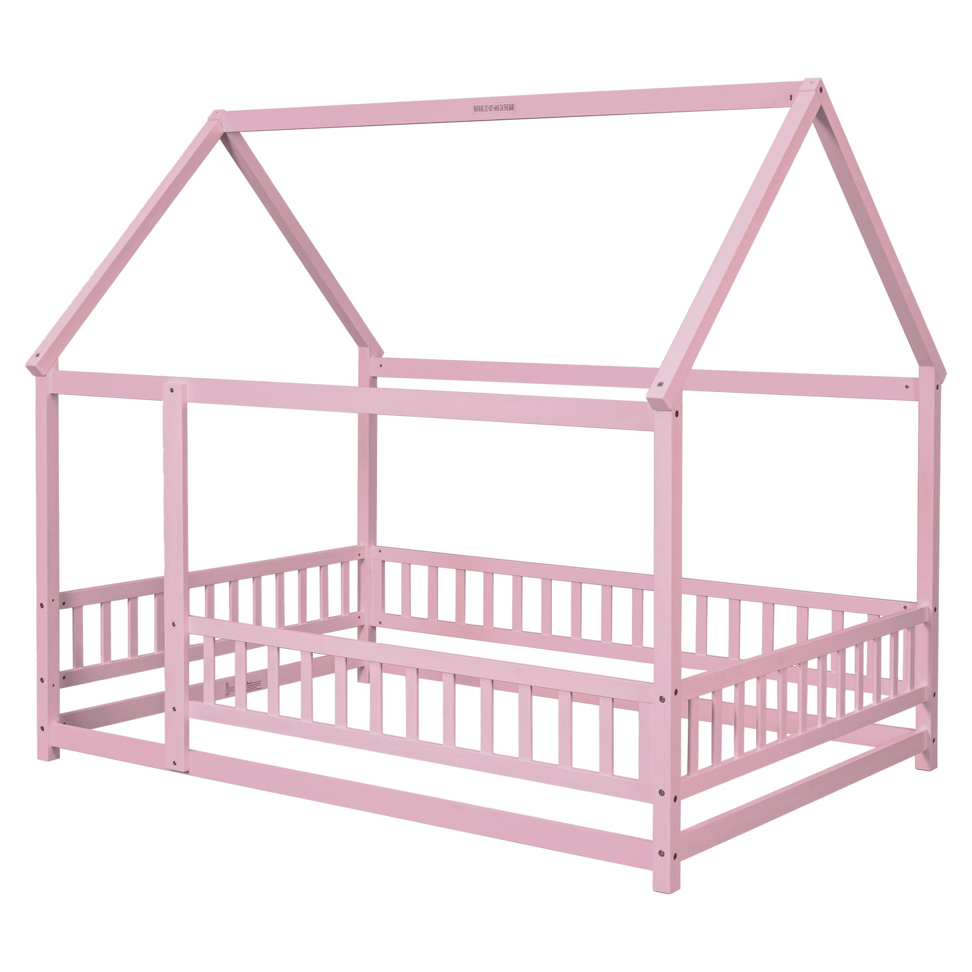 Full Size Floor Wooden Bed with House Roof Frame, Fence Guardrails ,Pink - Korvel