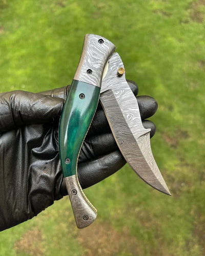 Artisan Crafted Damascus Steel EDC Folding Knife – 3-Inch Blade with Colorful Bone Handle & Brass Accents, Includes Leather Sheath - Korvel