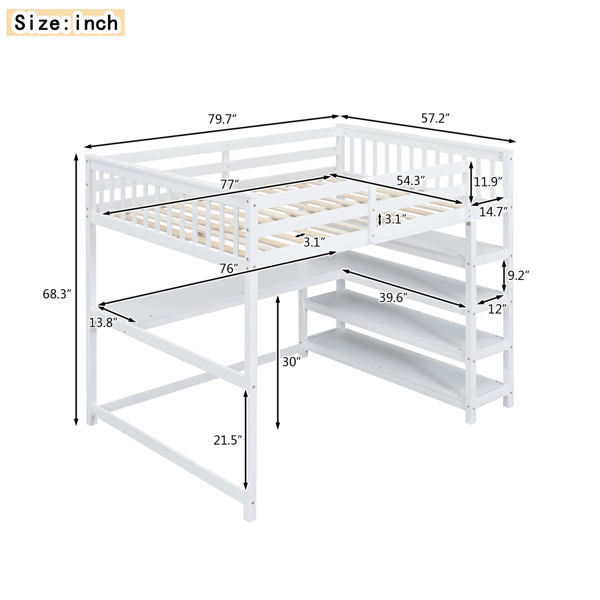 Full Size Loft Bed with Storage Shelves and Under-bed Desk  White - Korvel