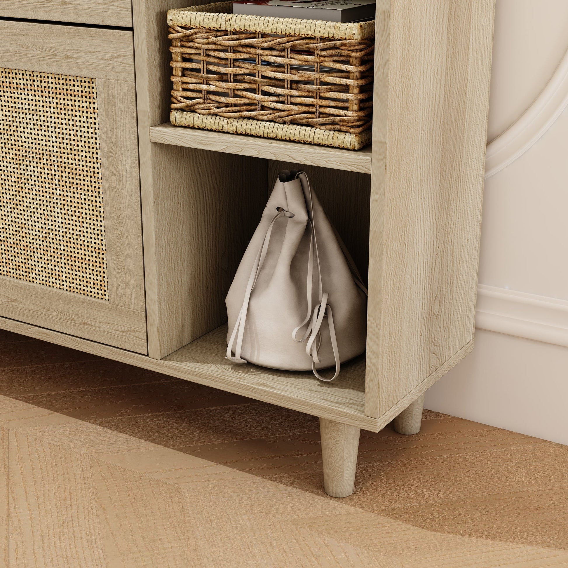 Natural Bohemian style shoe cabinet with 3 rattan flip drawers, 3 square shelves, and 1 storage drawer,  Natural - Korvel