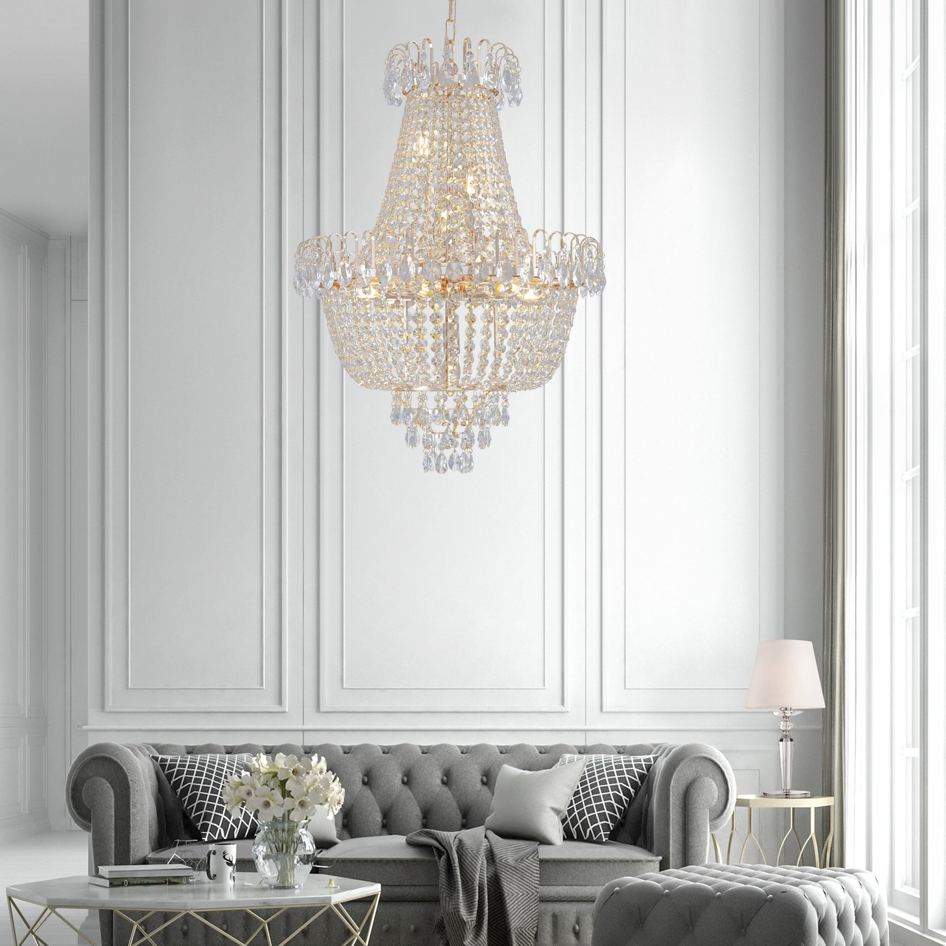 Golden crystal pendant light, large modern luxury ceiling lighting (without light bulbs) - Korvel