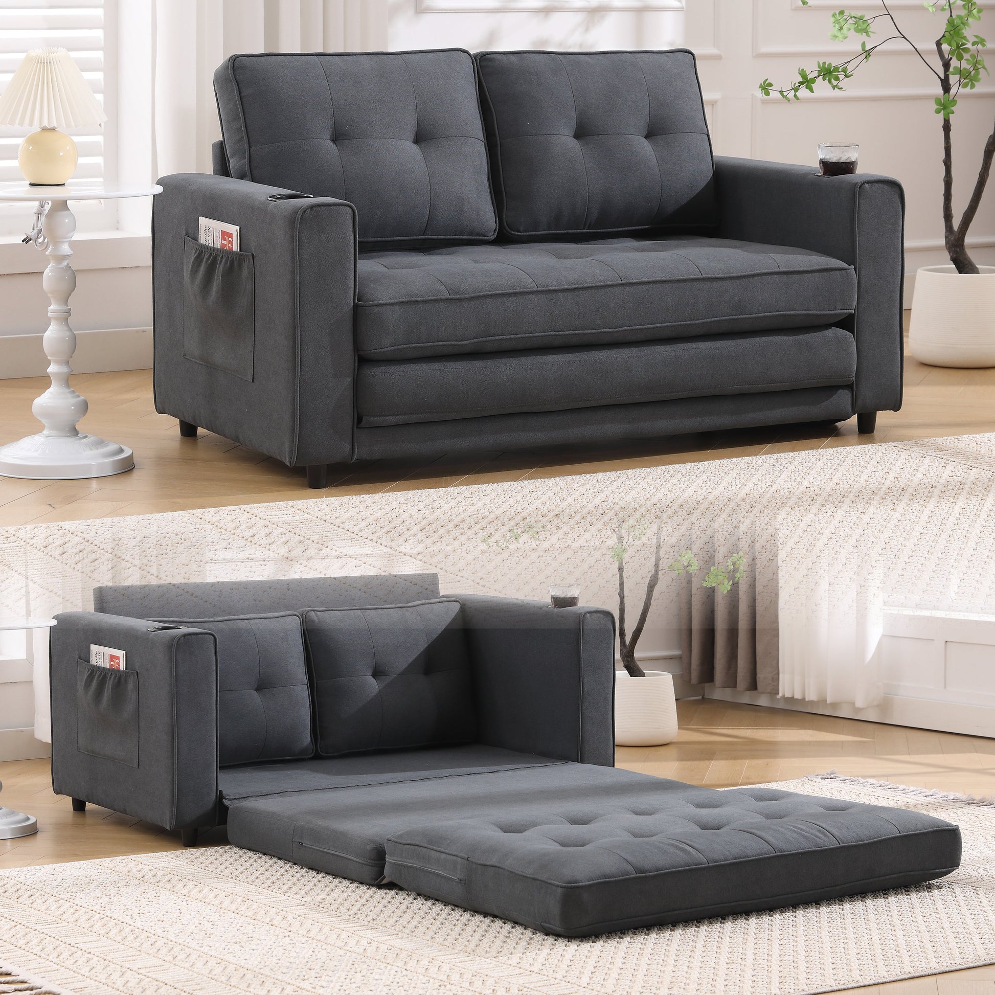 Three in one soft cushion cushion cushion sofa, folding mattress sofa bed, with side pockets and cup holder, dark gray - Korvel