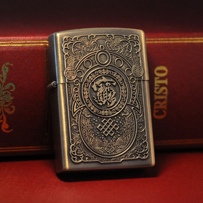 Retro Windproof Kerosene Lighter with Bronze Relief Design