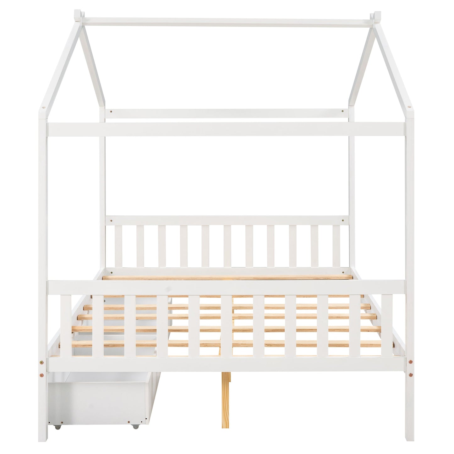 Full Size House Platform Bed with Two Drawers Headboard and Footboard,Roof Design White - Korvel