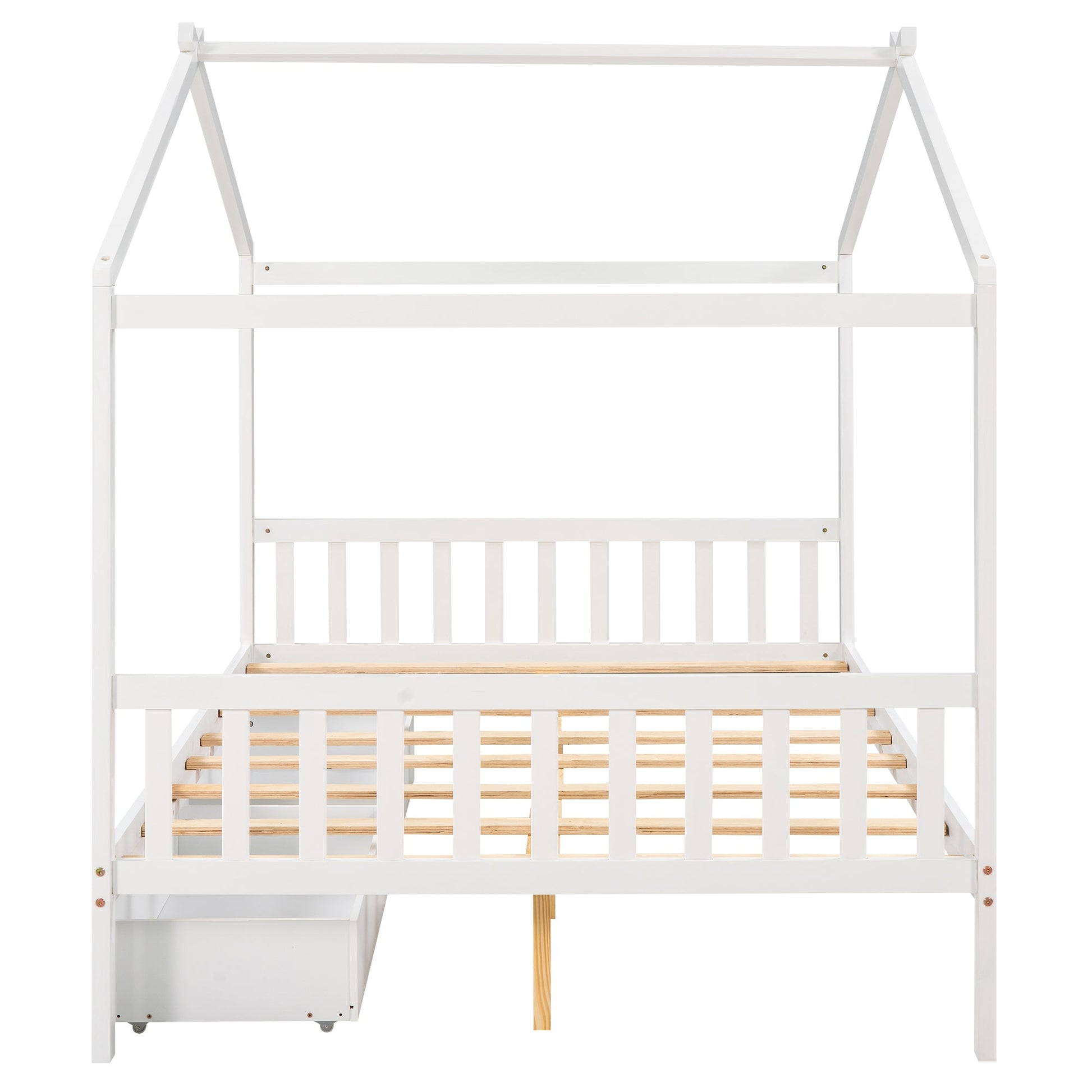 Full Size House Platform Bed with Two Drawers Headboard and Footboard,Roof Design White - Korvel