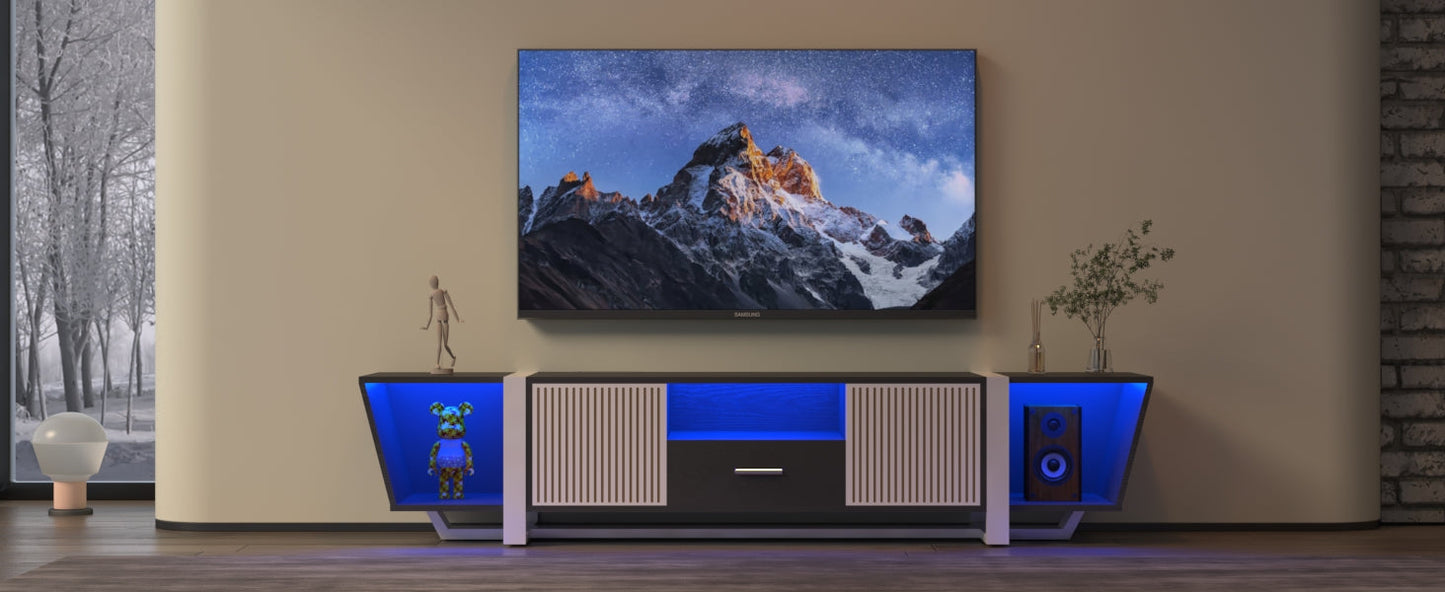 Console TV noire moderne avec rangement et éclairage LED