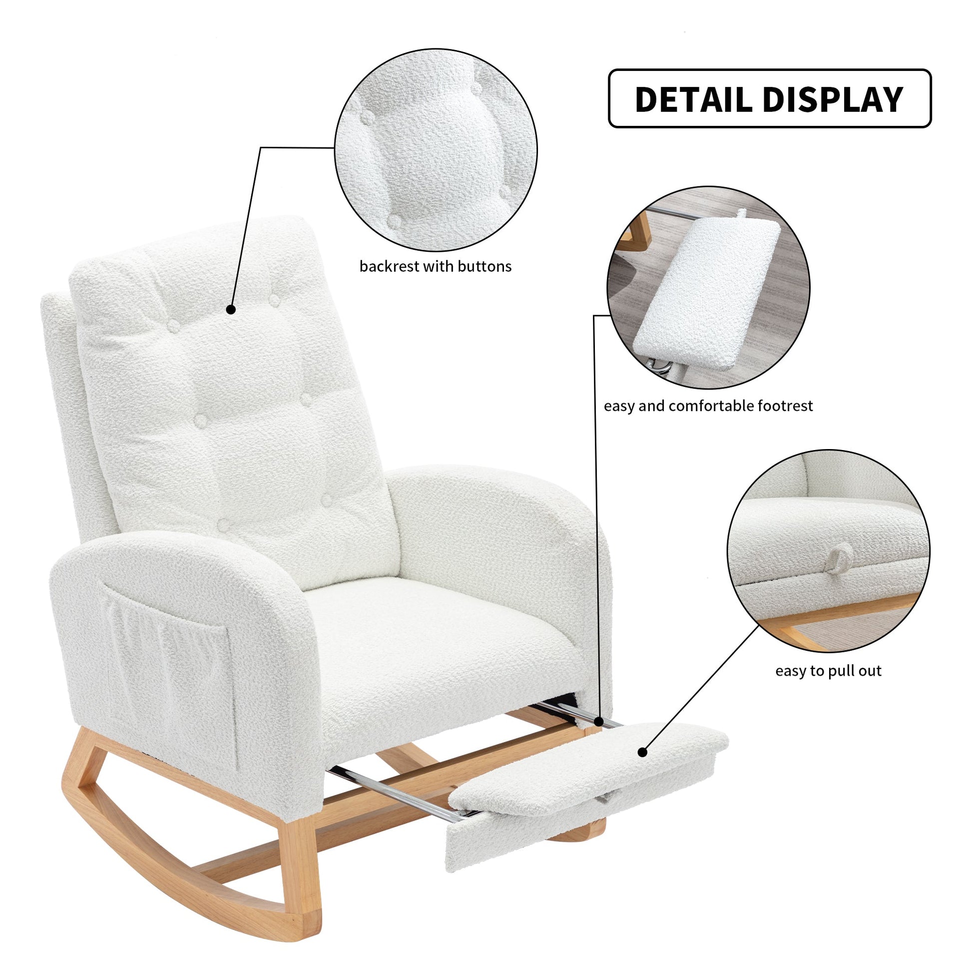 Accent Rocking Chair with Footrest High Back Rubber Wood Rocking Legs Bedroom Living Space 26.77D X 38.36W X 39.76H Inch - Korvel