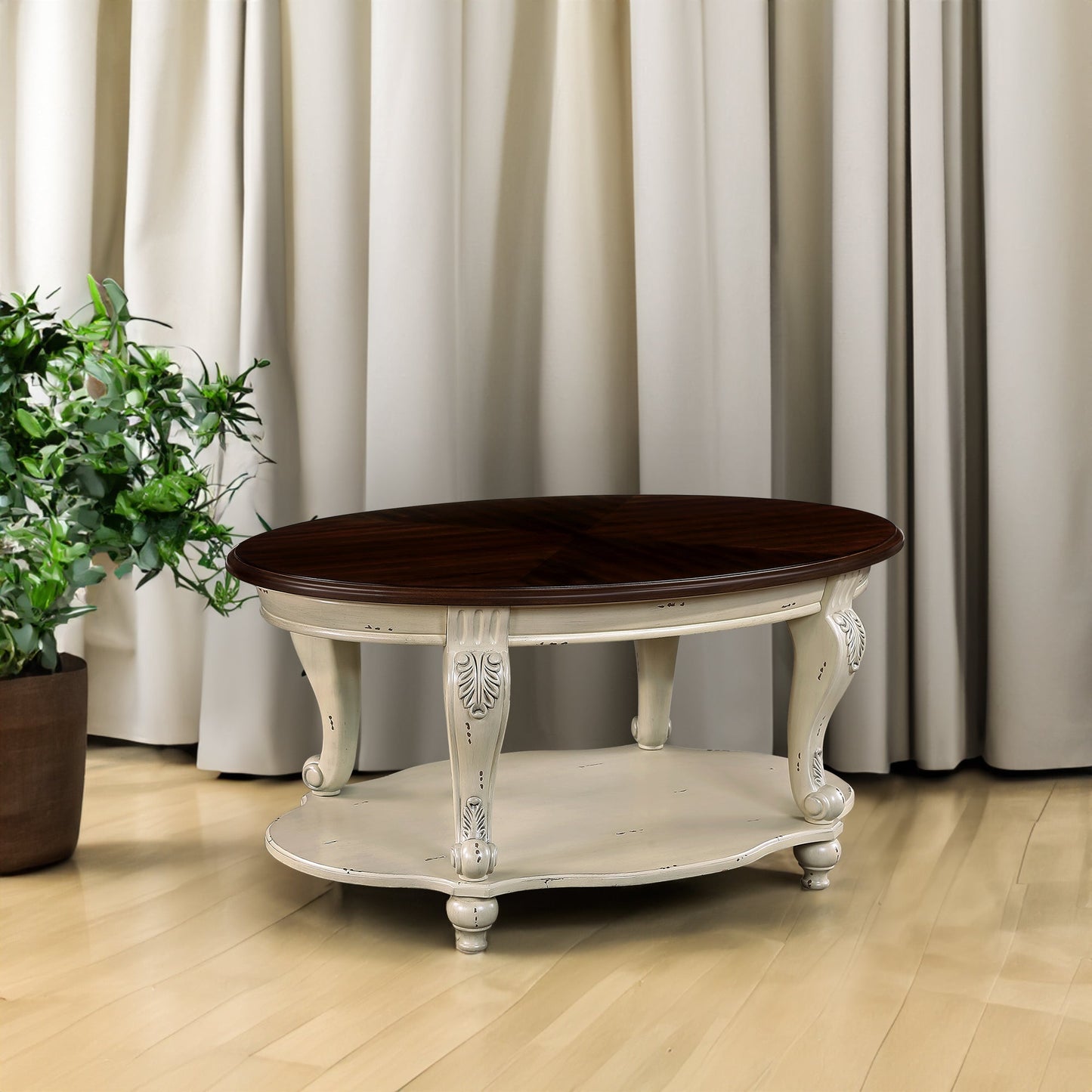 42 inch oval wooden coffee table, 2-story solid wood cocktail table with open storage rack, antique white and cherry tabletop - Korvel