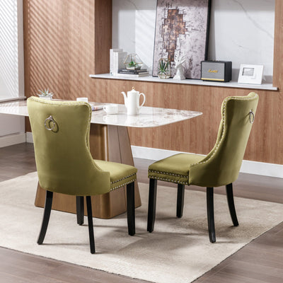 High-end Tufted Solid Wood Contemporary Velvet Upholstered Dining Chair with Wood Legs Nailhead Trim 2-Pcs Set Olive-Green - Korvel