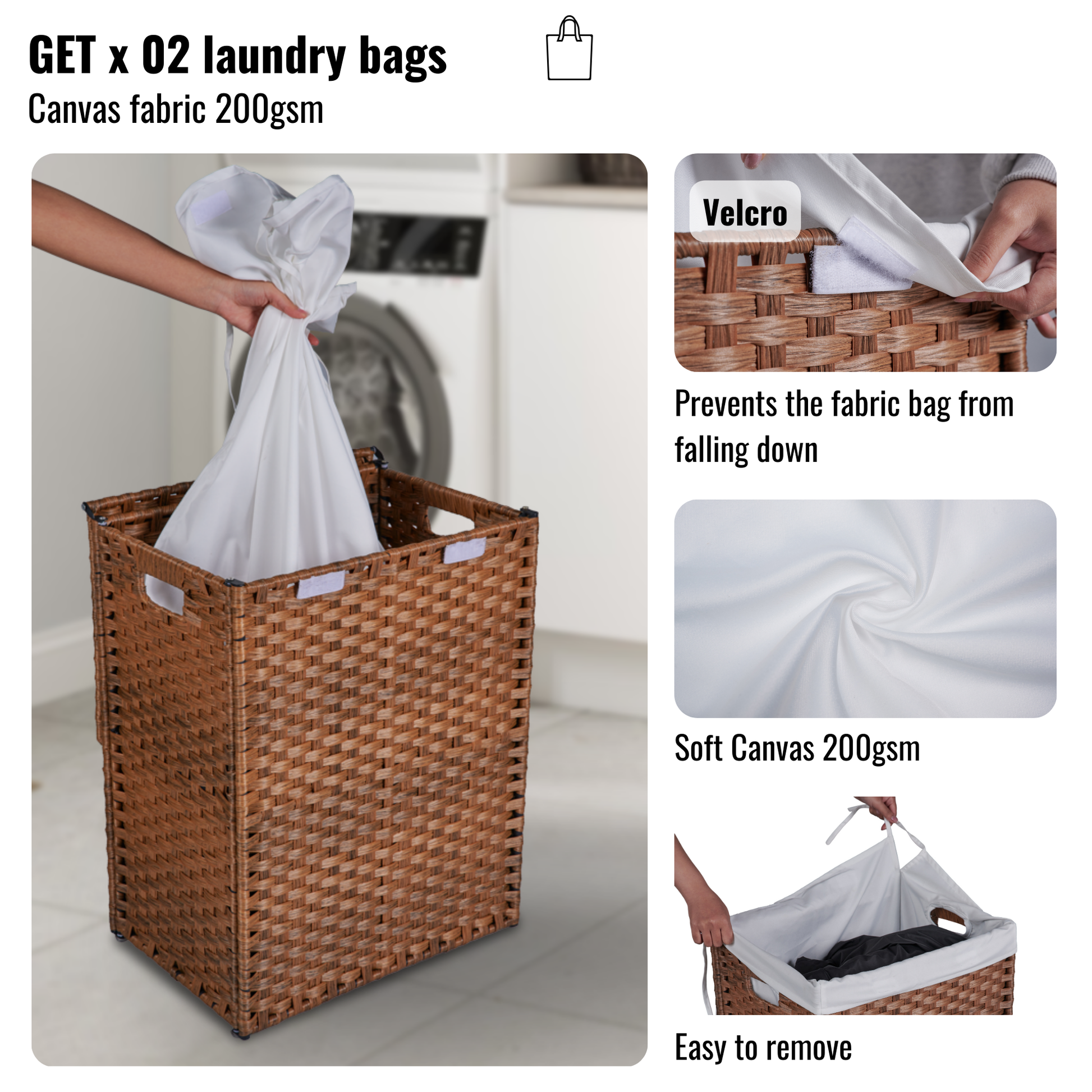 Laundry Hamper With Lid PE Rattan Powder Coating Frame Clothes Hampers with 02 Removable Bags, 100L, Brown Color - Korvel