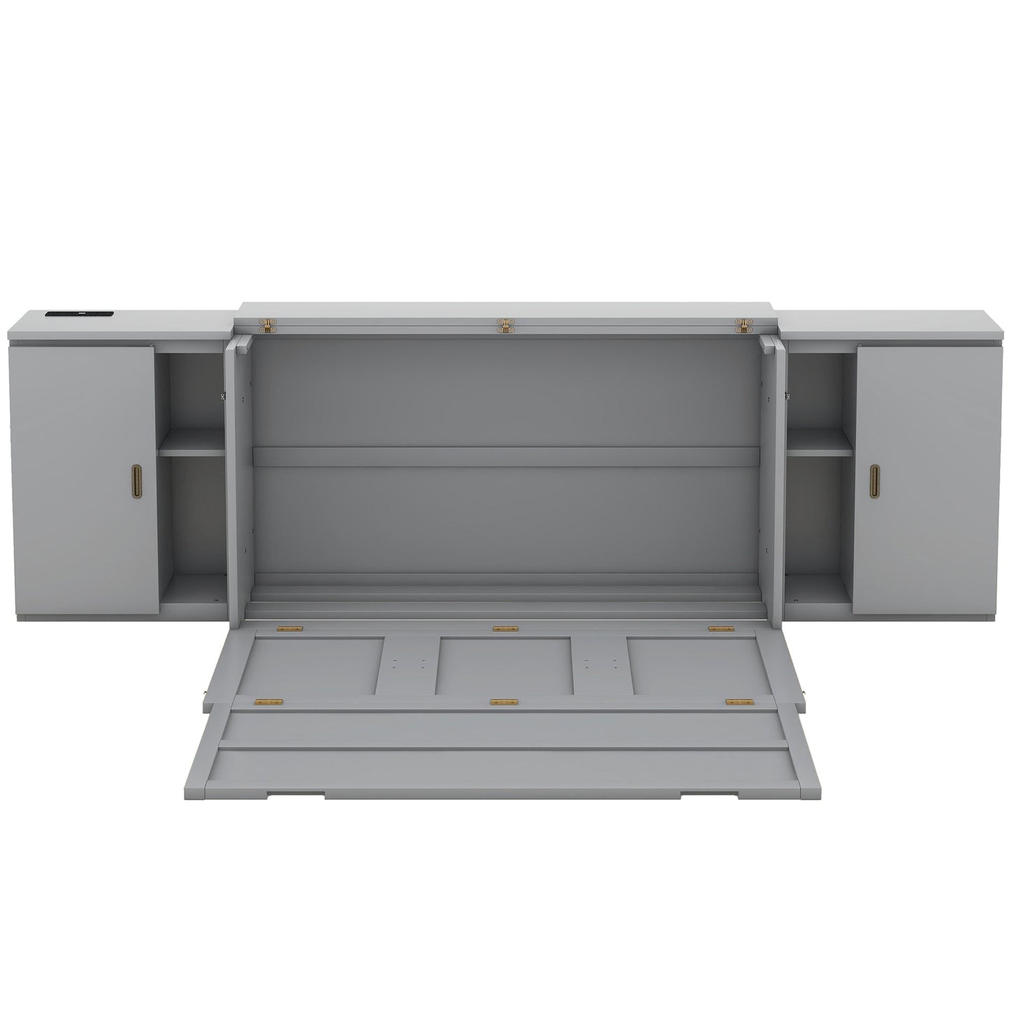 Queen Size Murphy Bed with Shelves, Cabinets and USB Ports,Gray - Korvel