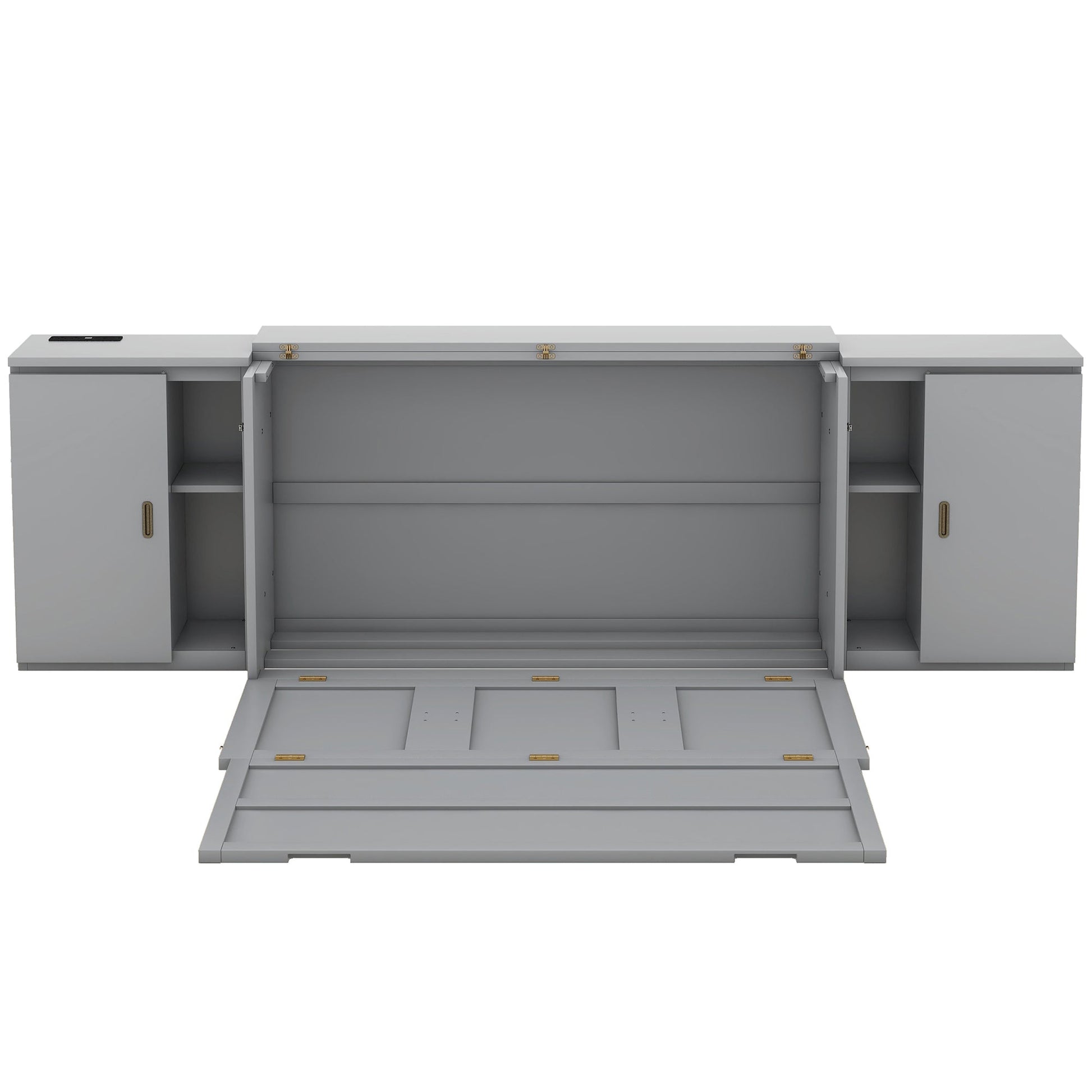 Queen Size Murphy Bed with Shelves, Cabinets and USB Ports,Gray - Korvel