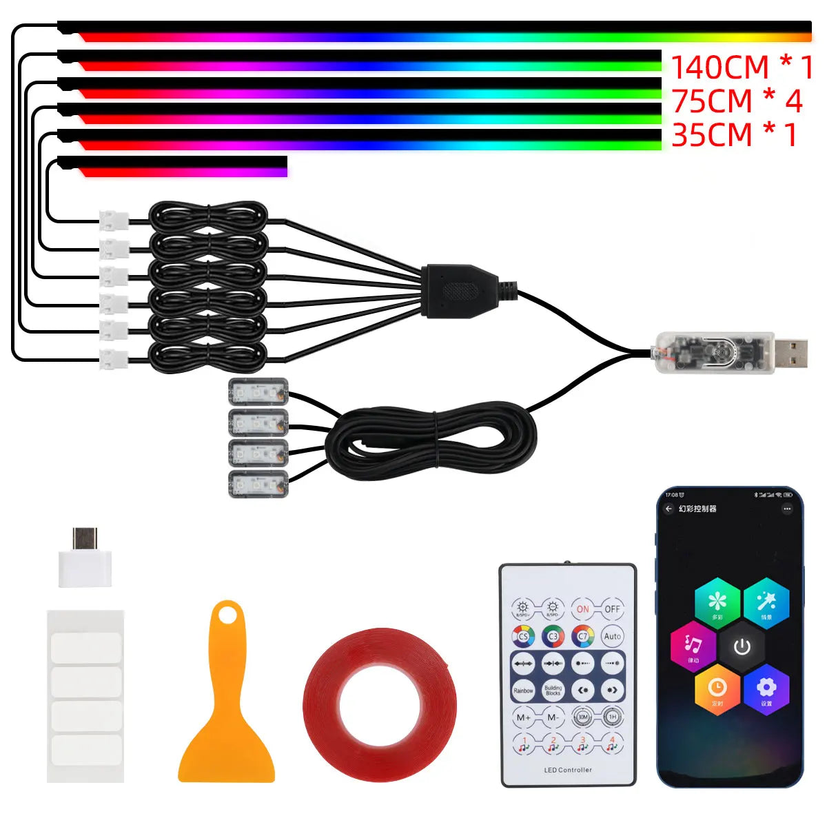 Bande lumineuse intérieure de voiture RGB LED 10-en-1 avec télécommande