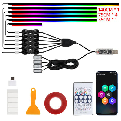 Bande lumineuse intérieure de voiture RGB LED 10-en-1 avec télécommande
