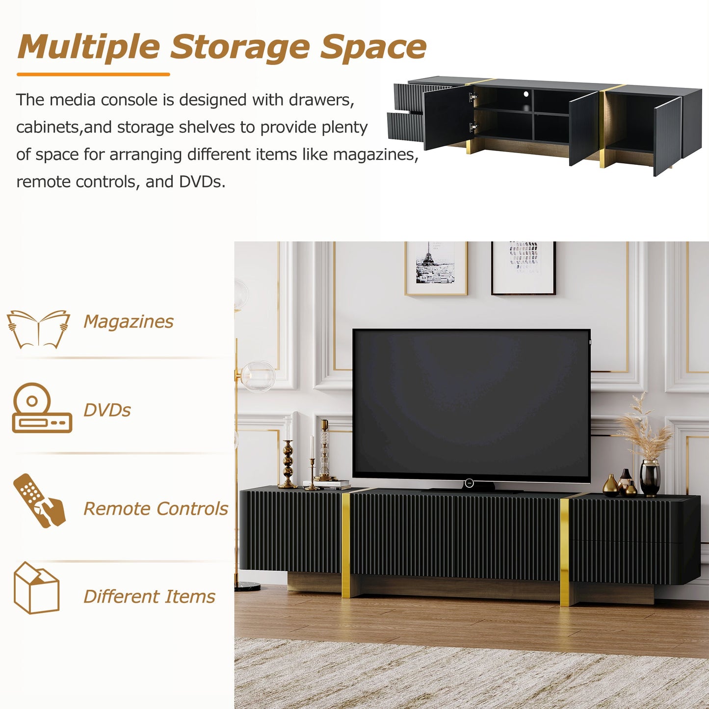 Luxury Fluted TV Stand for TVs Up to 80'', Modern Entertainment Center with Storage Cabinets & Drawers Black - Korvel