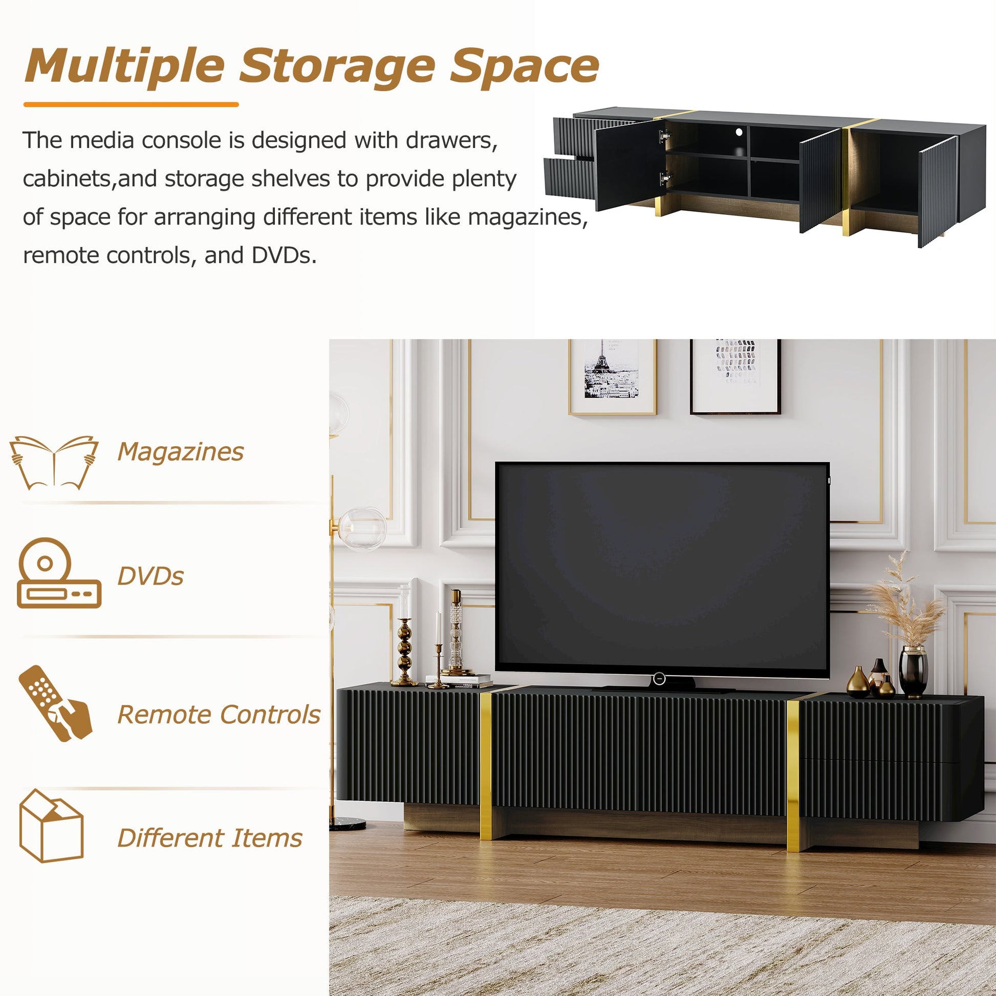 Luxury Fluted TV Stand for TVs Up to 80'', Modern Entertainment Center with Storage Cabinets & Drawers Black - Korvel