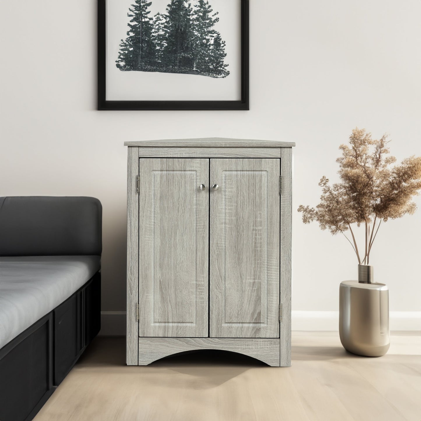Oak Triangle Bathroom Storage Cabinet with Adjustable Shelves, Freestanding Floor Cabinet for Home Kitchen - Korvel