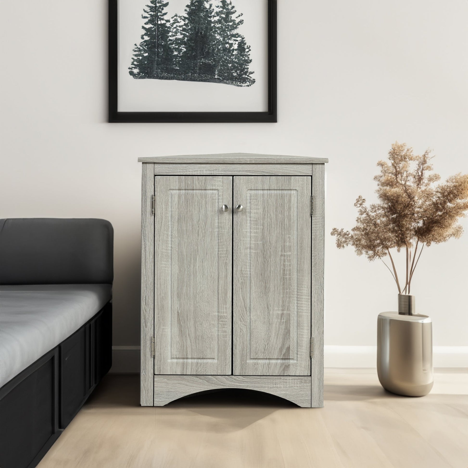 Oak Triangle Bathroom Storage Cabinet with Adjustable Shelves, Freestanding Floor Cabinet for Home Kitchen - Korvel